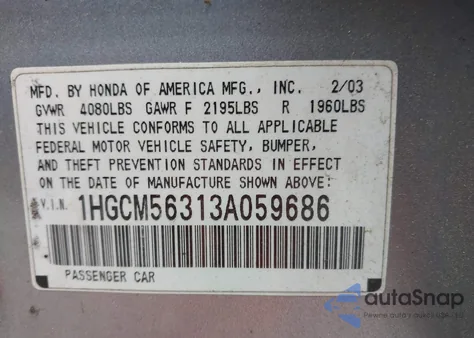 2003 Honda Accord 2.4 Lx из США, поврежденный, VIN 1HGCM56313A059686